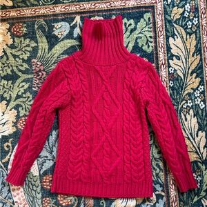 100% Merino Wool Aran Crafts Irish Women's Magenta Red Turtleneck Sweater